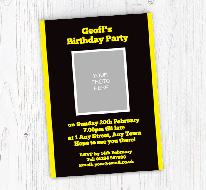 black and yellow photo invitations