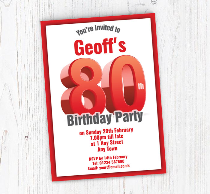 big red 80th birthday party invitations