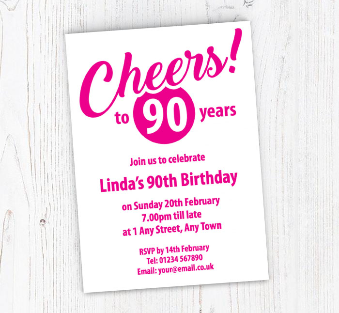 pink cheers to 90 years invitations