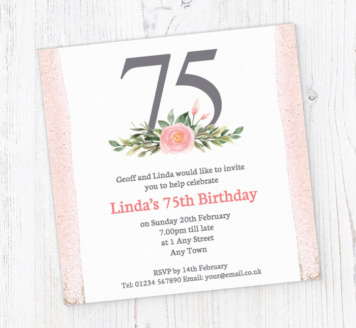pink 75th square party invitations