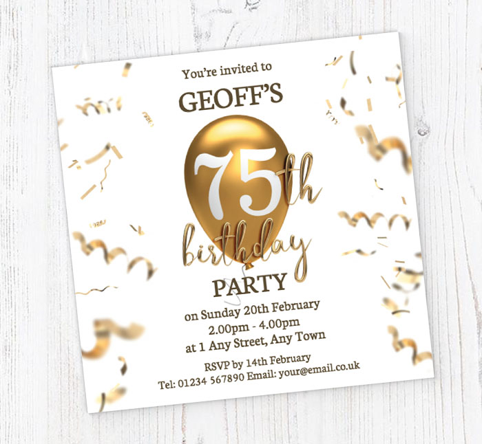 75th gold birthday balloon invitations