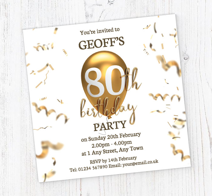 80th gold birthday balloon invitations