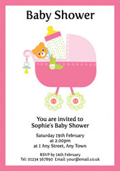 pink pram baby shower invitations
