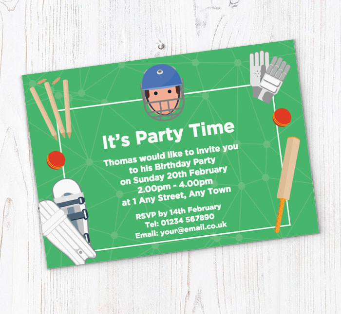 cricket icons party invitations