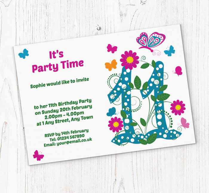 butterfly 11th birthday party invitations