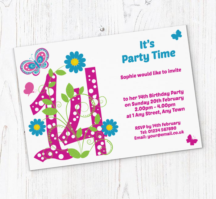 butterfly 14th birthday party invitations
