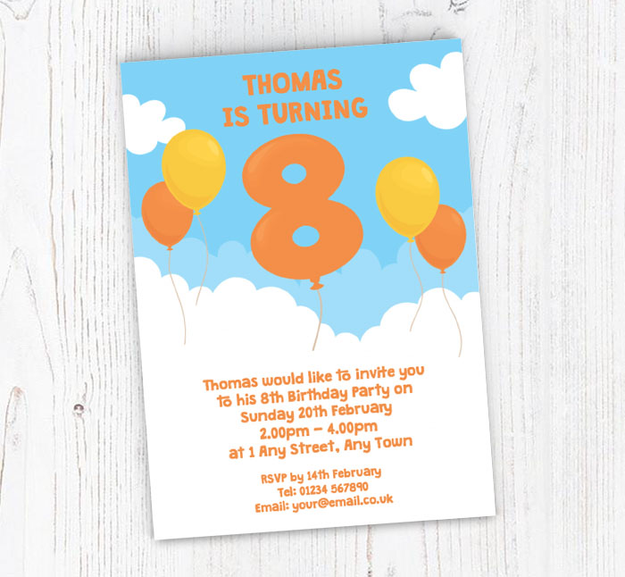 8th birthday balloon party invitations