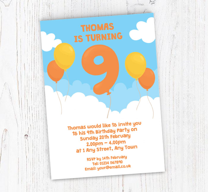 9th birthday balloon party invitations