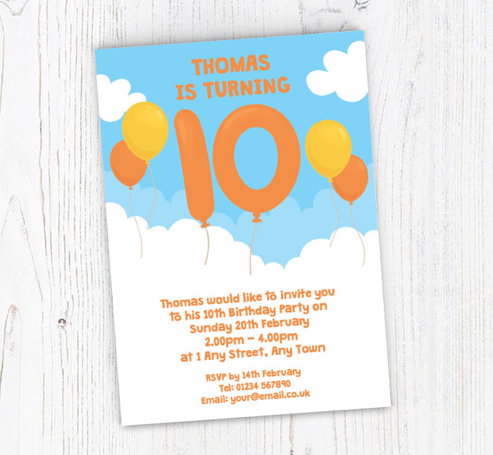 10th birthday balloon party invitations