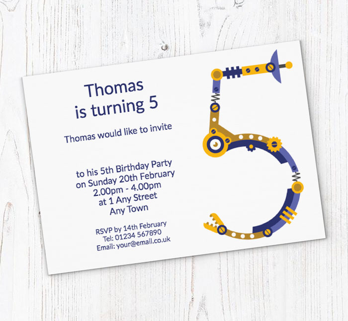 robot 5th birthday party invitations