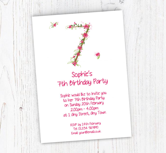 floral 7th birthday party invitations