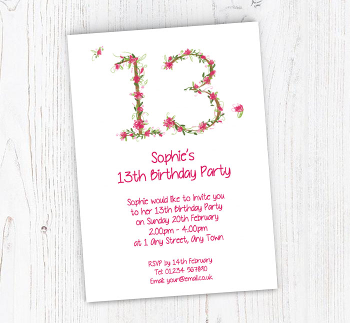 floral 13th birthday party invitations