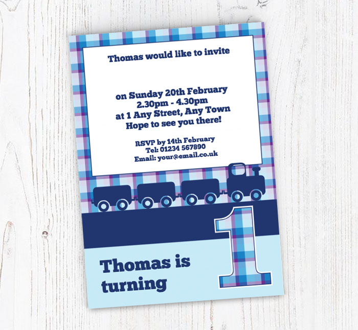blue train 1st birthday invitations