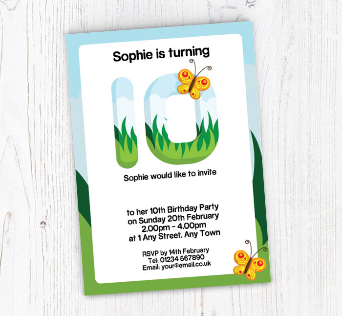 butterflies 10th birthday party invitations