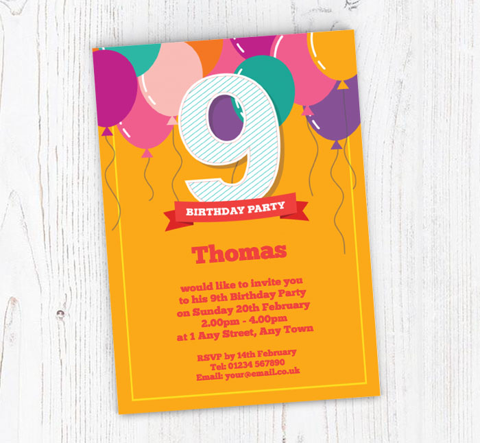 9th birthday balloons party invitations