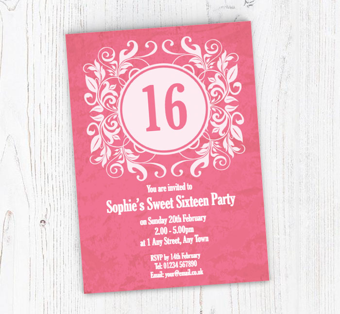 pink vintage 16th birthday invitations