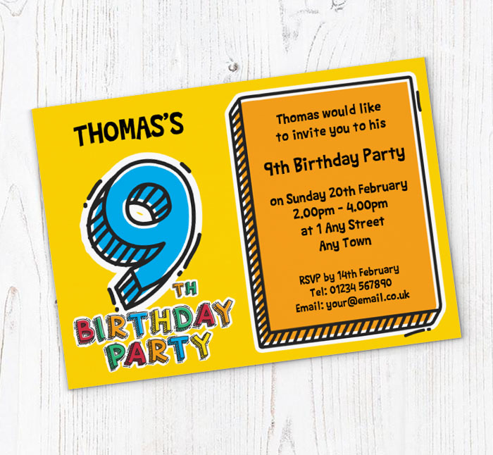 9th doodle birthday party invitations