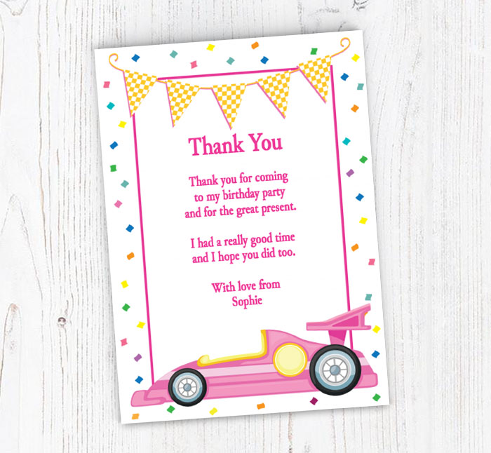 pink racing car thank you cards