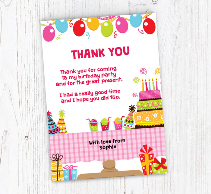 birthday party table thank you cards