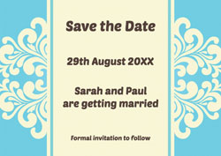 blue woodcut save the date cards