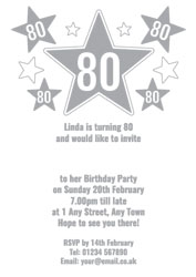 80th silver foil stars party invitations