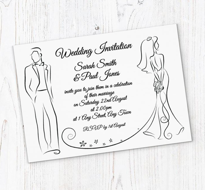 bride and groom outline invitations