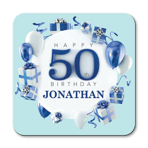 personalised blue happy 50th birthday gift coasters