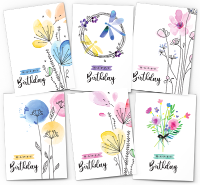 hand drawn watercolor flowers birthday card pack