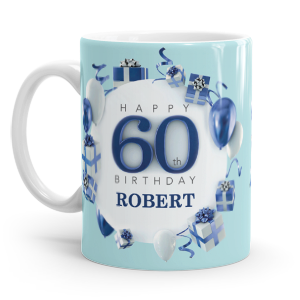personalised blue happy 60th birthday gift mug