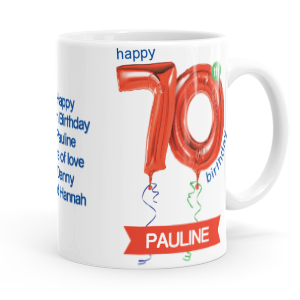 personalised happy 70th birthday red balloon mug