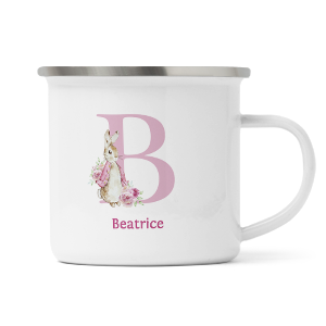 personalised pink rabbit letter b enamel mug
