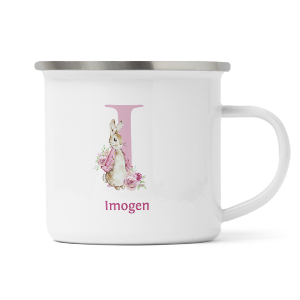 personalised pink rabbit letter i enamel mug