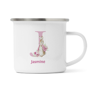 personalised pink rabbit letter j enamel mug