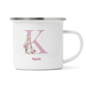 personalised pink rabbit letter k enamel mug