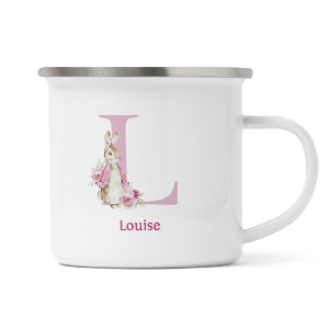 personalised pink rabbit letter l enamel mug