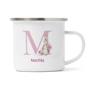personalised pink rabbit letter m enamel mug