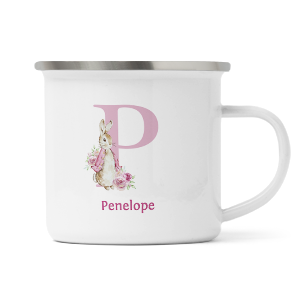 personalised pink rabbit letter p enamel mug