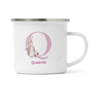 personalised pink rabbit letter q enamel mug