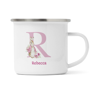 personalised pink rabbit letter r enamel mug