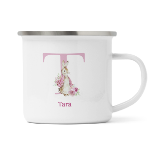 personalised pink rabbit letter t enamel mug