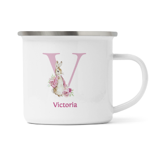 personalised pink rabbit letter v enamel mug