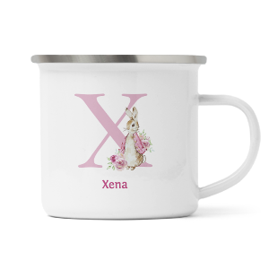 personalised pink rabbit letter x enamel mug