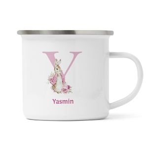 personalised pink rabbit letter y enamel mug