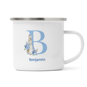 personalised blue rabbit letter b enamel mug