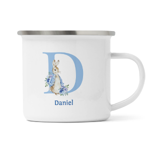 personalised blue rabbit letter d enamel mug