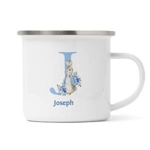 personalised blue rabbit letter j enamel mug