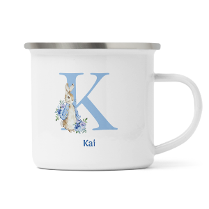 personalised blue rabbit letter k enamel mug