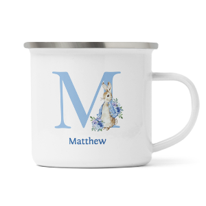 personalised blue rabbit letter m enamel mug