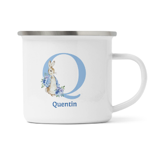 personalised blue rabbit letter q enamel mug