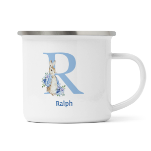 personalised blue rabbit letter r enamel mug